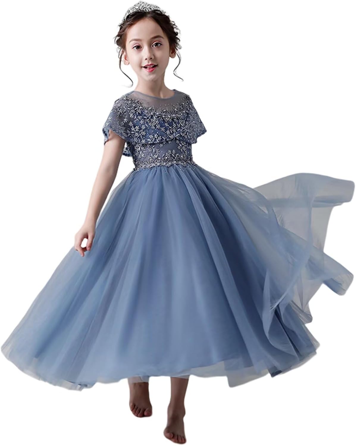 シモンヌ ロングドレス レース フリル プリーツ パニエ 紺 ワンピース